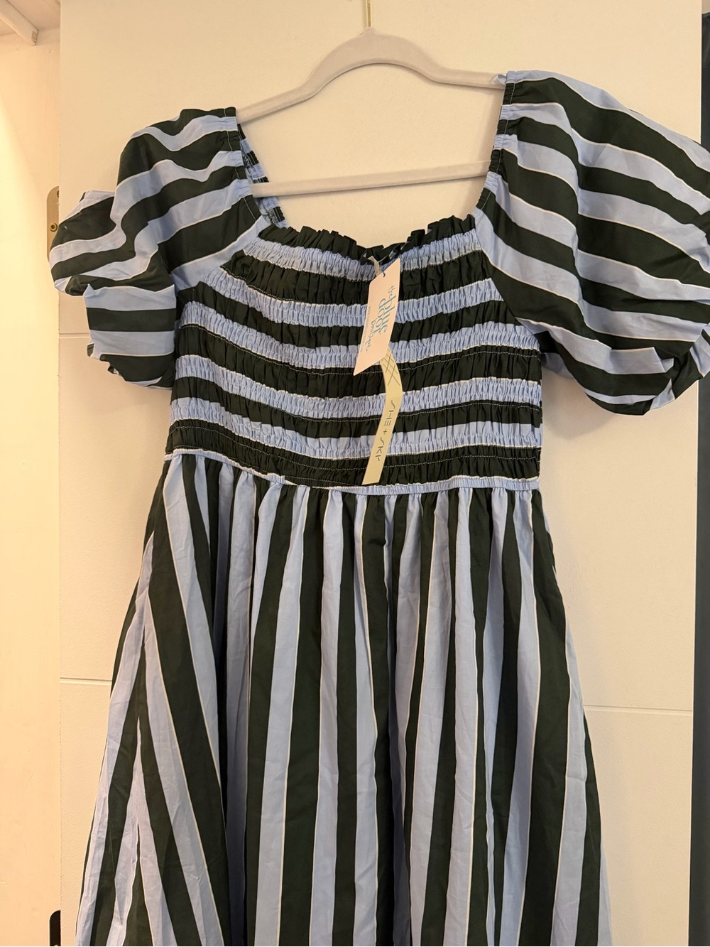 Sky Light Blue and Green Smocked Stripe Dress
